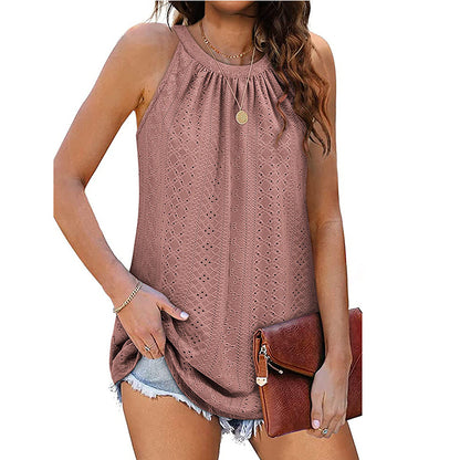 Loose Fit Round Neck Pleated Sleeveless Vest T-Shirt