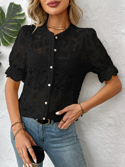 Women's Floral Lace Short Sleeve Button Up Blouse