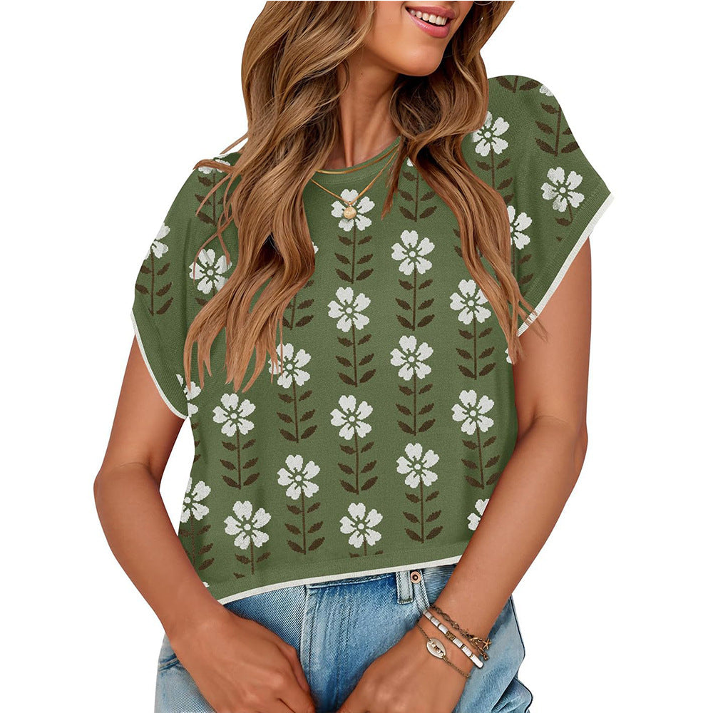 Women’s Vintage Floral Knit Crop Top Cap Sleeve Tee