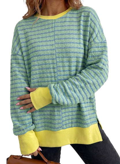 Women's Oversized Striped Crewneck Sweatshirt Side Slit