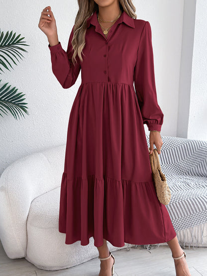 Collared Long Sleeve Tiered Shirt Dress