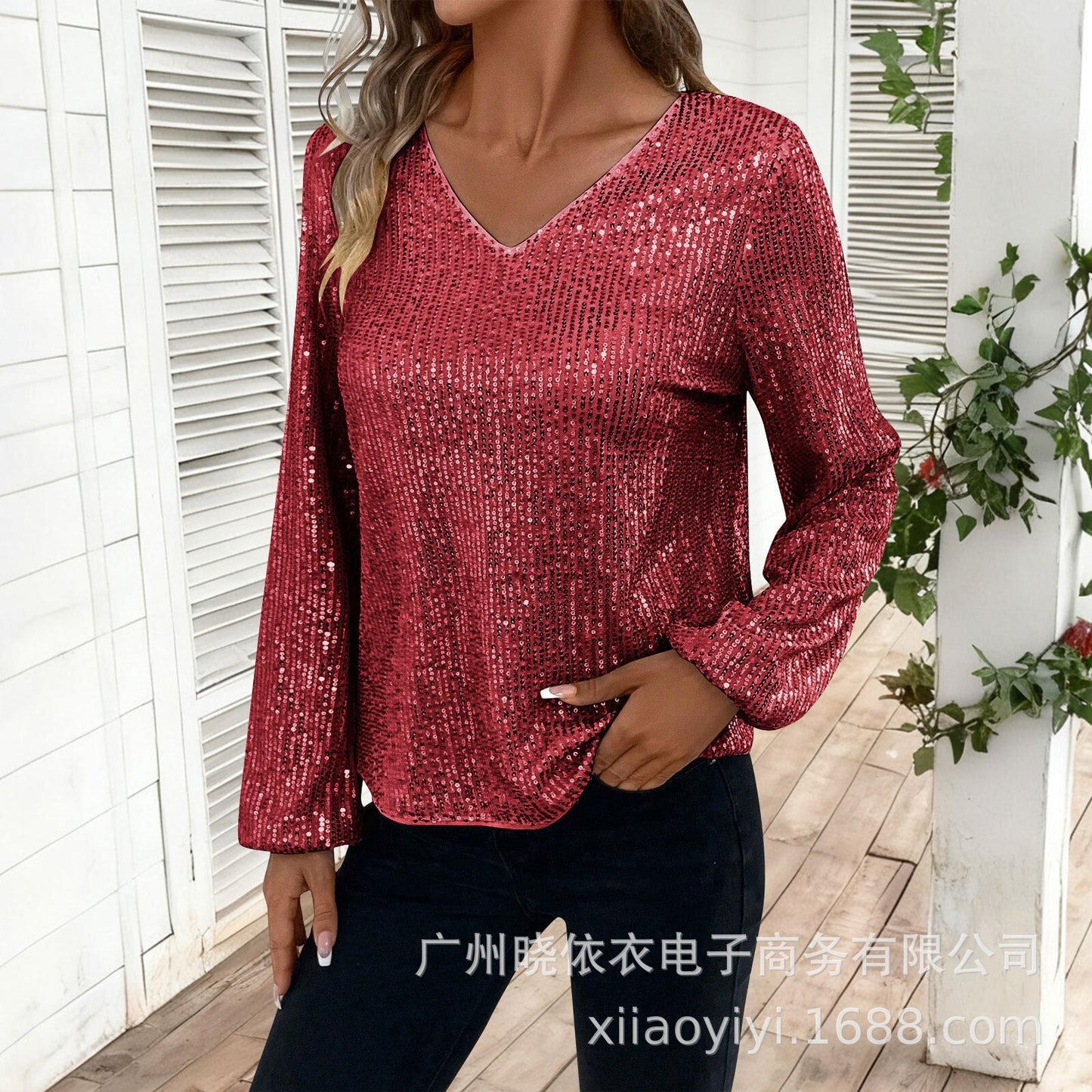 Women's Sequin V Neck Long Sleeve Party Top