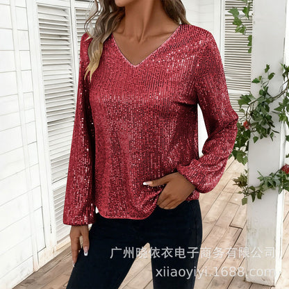 Women's Sequin V Neck Long Sleeve Party Top