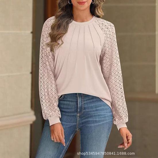 Women's Lace Long Sleeve Pleated Blouse Round Neck Top