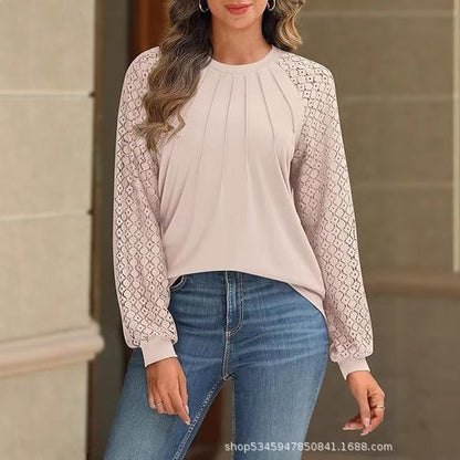 Women's Lace Long Sleeve Pleated Blouse Round Neck Top