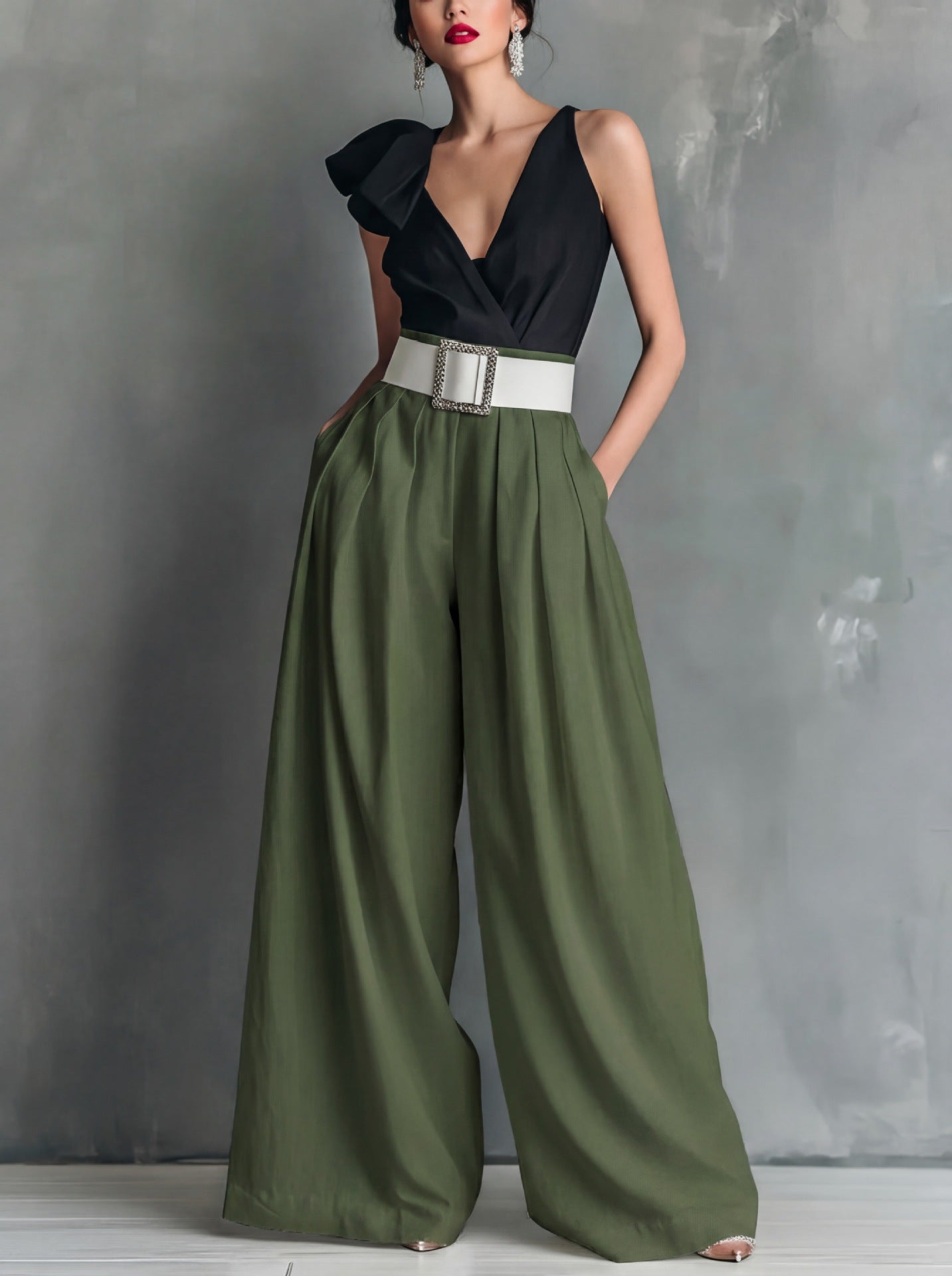 Women's Belted High Waist Wide Leg Work Pants