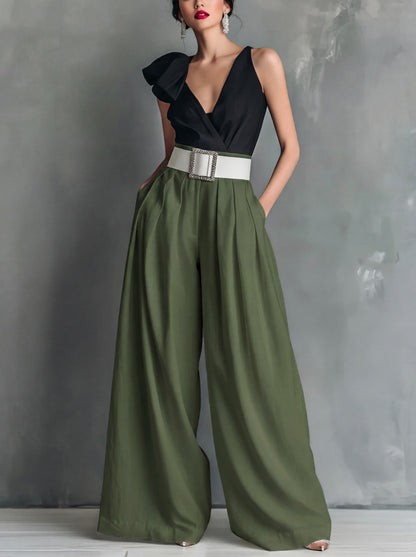 Women's Belted High Waist Wide Leg Work Pants