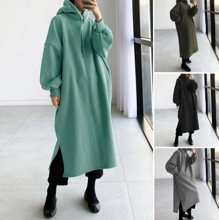 Oversized Fleece Maxi Hoodie Dress Side Slit Pullover