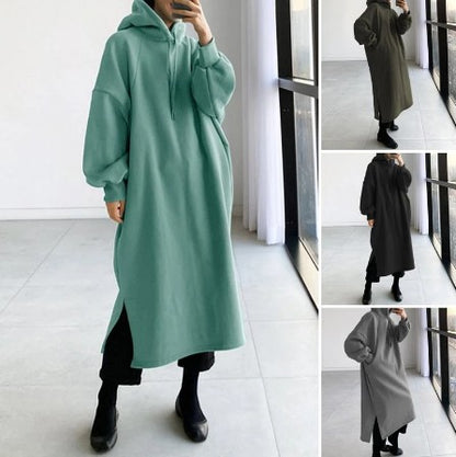 Oversized Fleece Maxi Hoodie Dress Side Slit Pullover