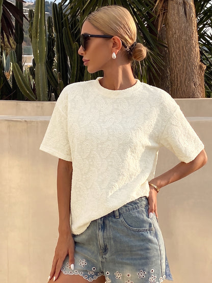 Textured Jacquard Knit T Shirt Loose Fit Casual Summer Top