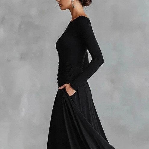 Elegant Boat Neck Long Sleeve Ruched Maxi Dress