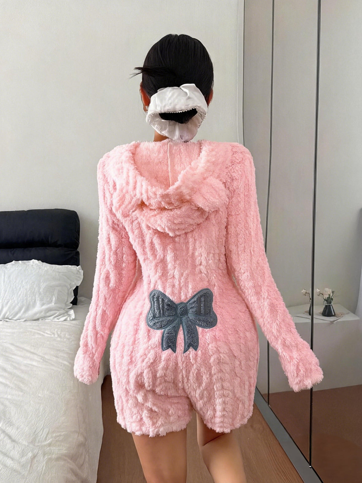 Women's Fuzzy Hooded Sherpa Romper with Bow Back