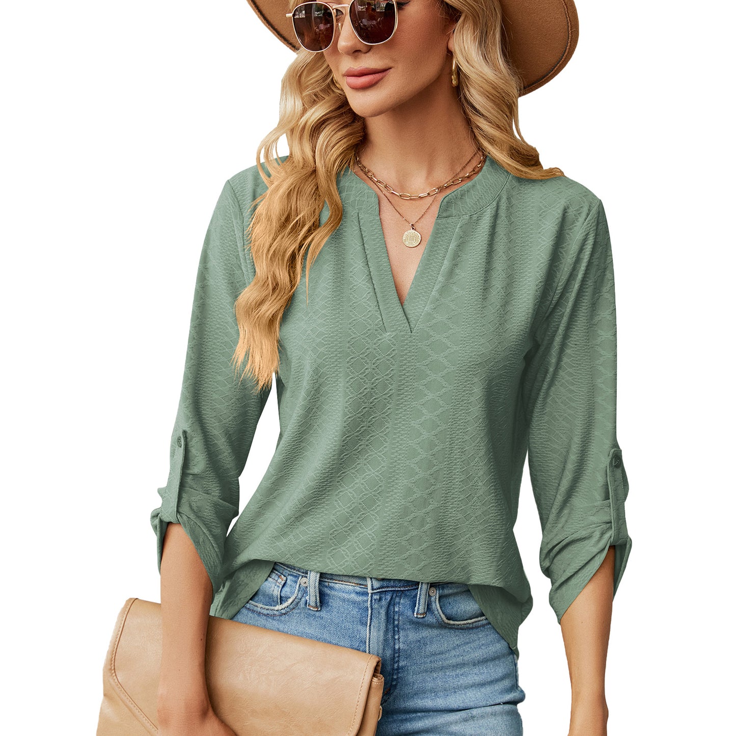 Womens V Neck 3/4 Sleeve Button Loose Tunic Top