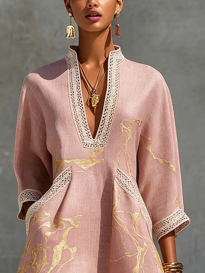 Boho V Neck Lace Trim Gold Abstract 3/4 Sleeve Mini Dress