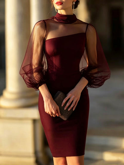 Elegant Illusion Mesh Puff Sleeve Bodycon Midi Dress