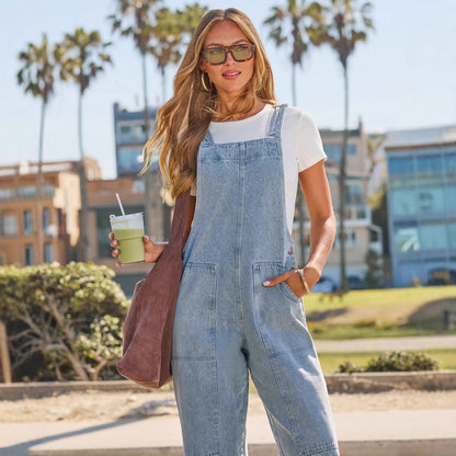 Wide Leg Denim Overalls Pocket Jumpsuit