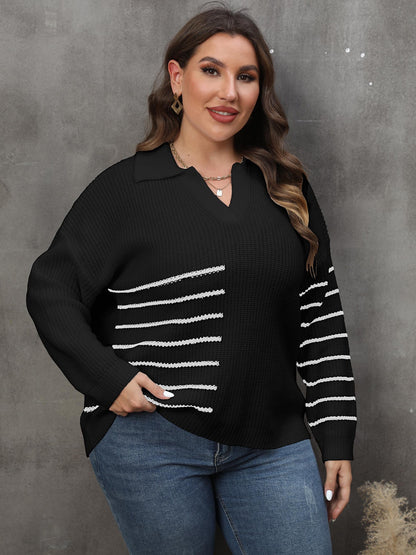 Women's Contrasting Splicing Striped POLO Neck Pullover Sweater