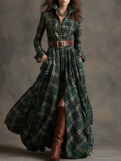 Plus Size Plaid Maxi Shirt Dress Belted Long Sleeve