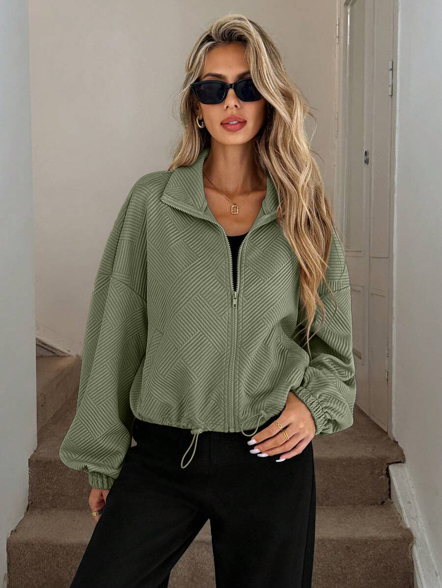 Textured Zip Up Bomber Jacket Drawstring Hem Casual Coat