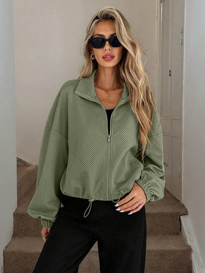 Textured Zip Up Bomber Jacket Drawstring Hem Casual Coat