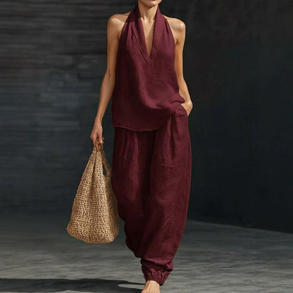 Women Halter Top Wide Leg Pants 2 Piece Set Casual Summer