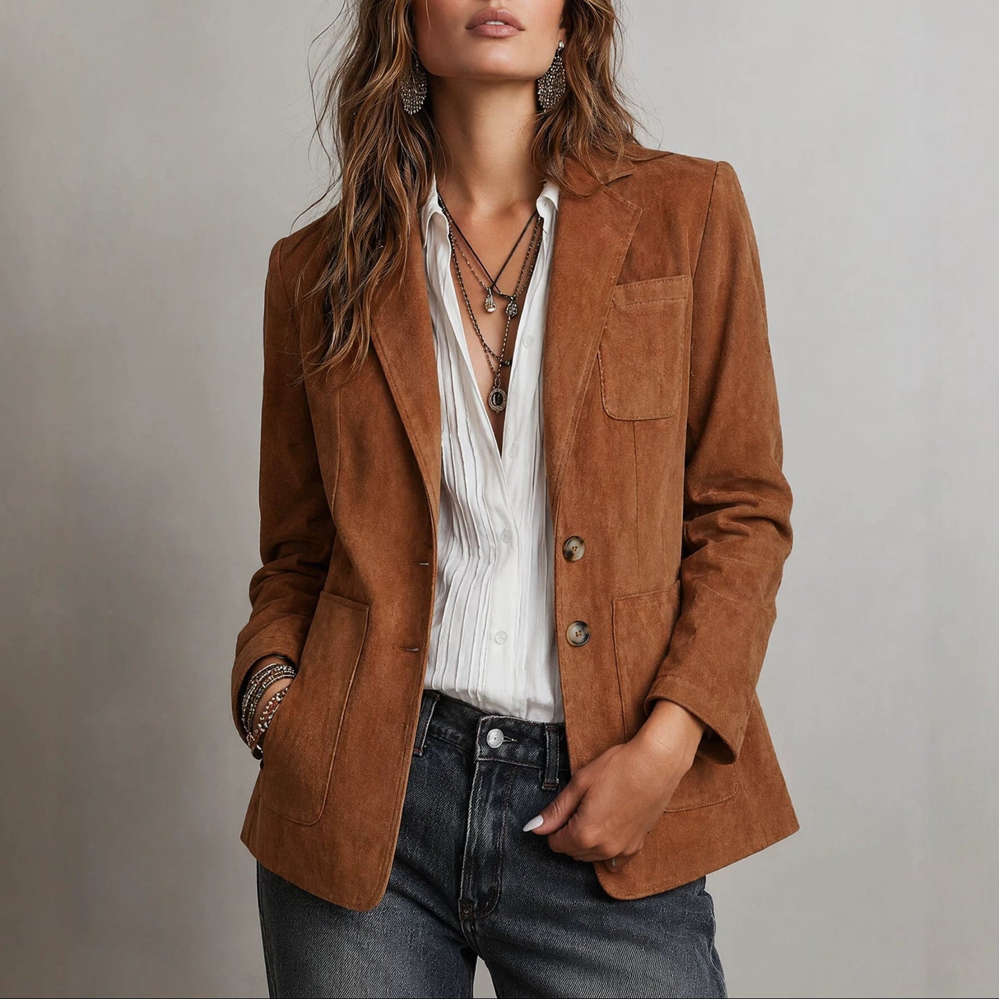 Women's Oversized Suede Blazer Vintage Brown Jacket