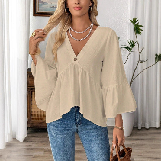 Cotton V-Neck Ruffle Sleeve Top Flowy Loose Blouse