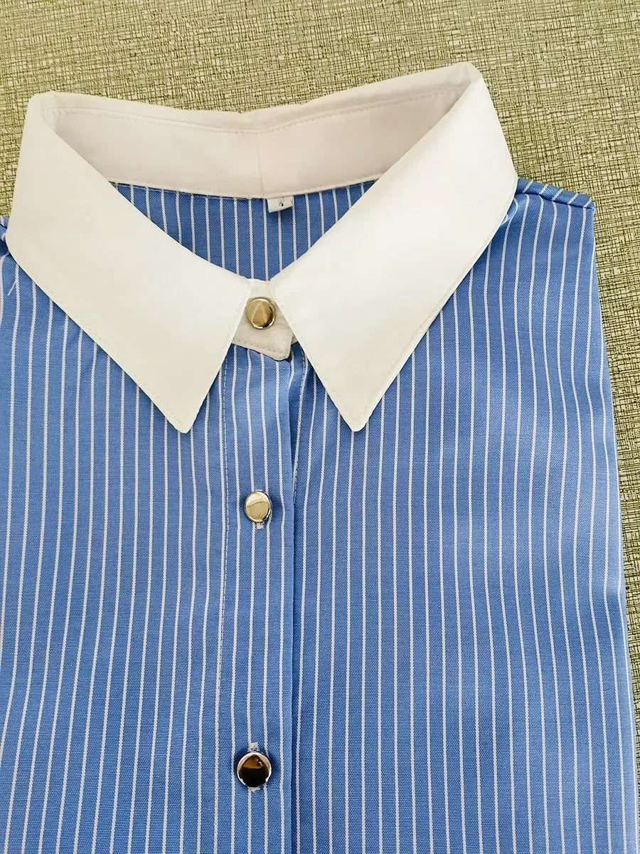 Women's Blue Striped Contrast Collar Long Sleeve Blouse