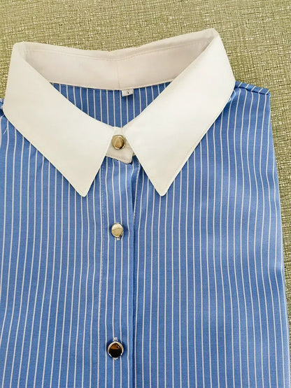 Women's Blue Striped Contrast Collar Long Sleeve Blouse