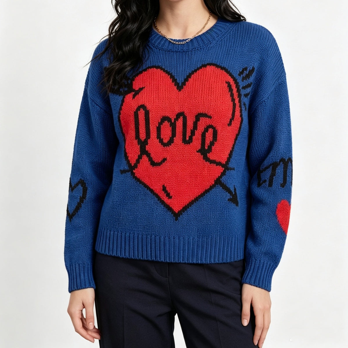 Women's Love Heart Crew Neck Knit Sweater Long Sleeve
