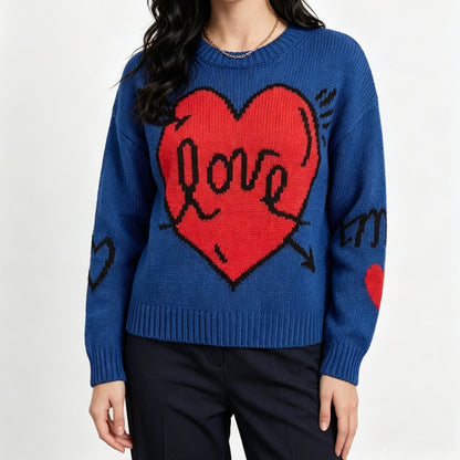 Women's Love Heart Crew Neck Knit Sweater Long Sleeve