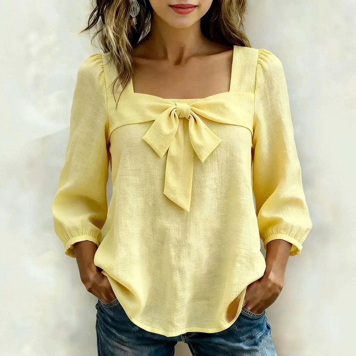 Women's Square Neck Bow Front Puff Sleeve Blouse
