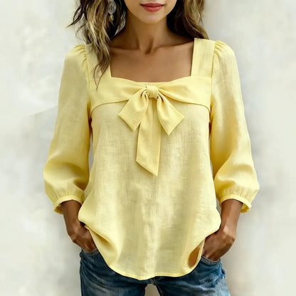 Women's Square Neck Bow Front Puff Sleeve Blouse