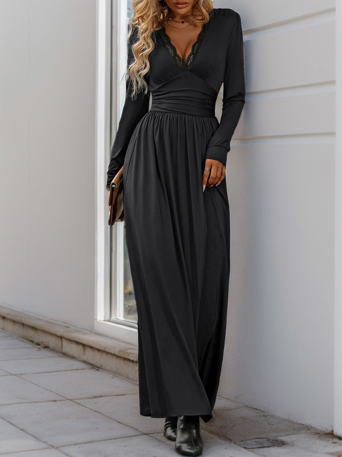 Lace V-Neck Long Sleeve Slit A-Line Maxi Dress