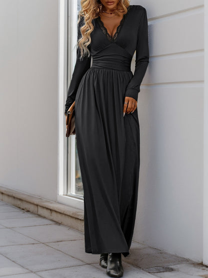 Lace V-Neck Long Sleeve Slit A-Line Maxi Dress
