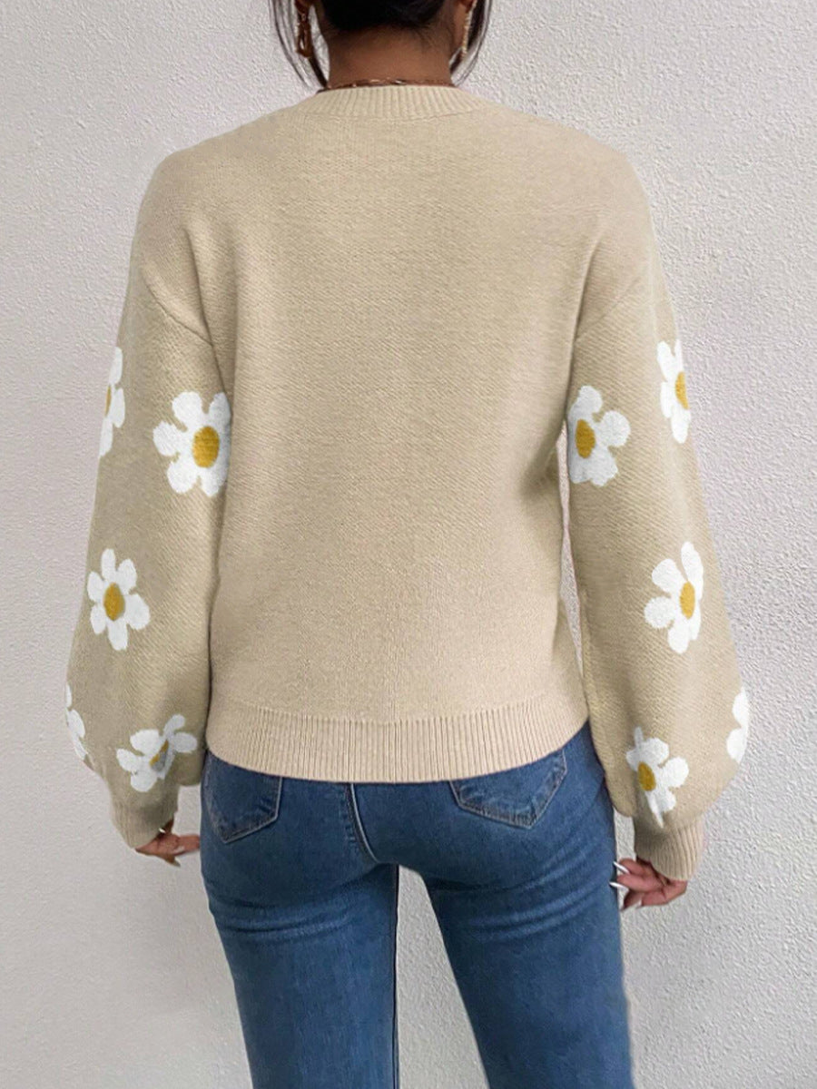 Women's Daisy Floral Long Sleeve Crew Neck Knit Sweater
