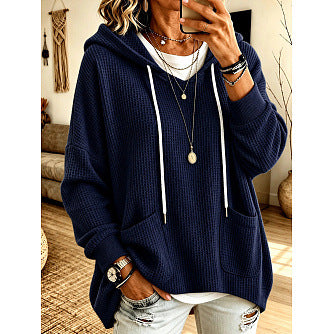 Women's Oversized Waffle Knit Hoodie Drawstring Pullover