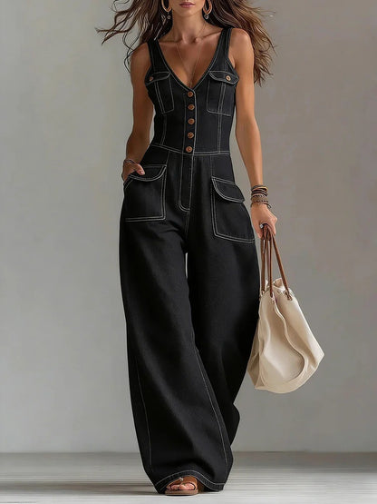 Sleeveless V-Neck Denim Jumpsuit Women Wide Leg