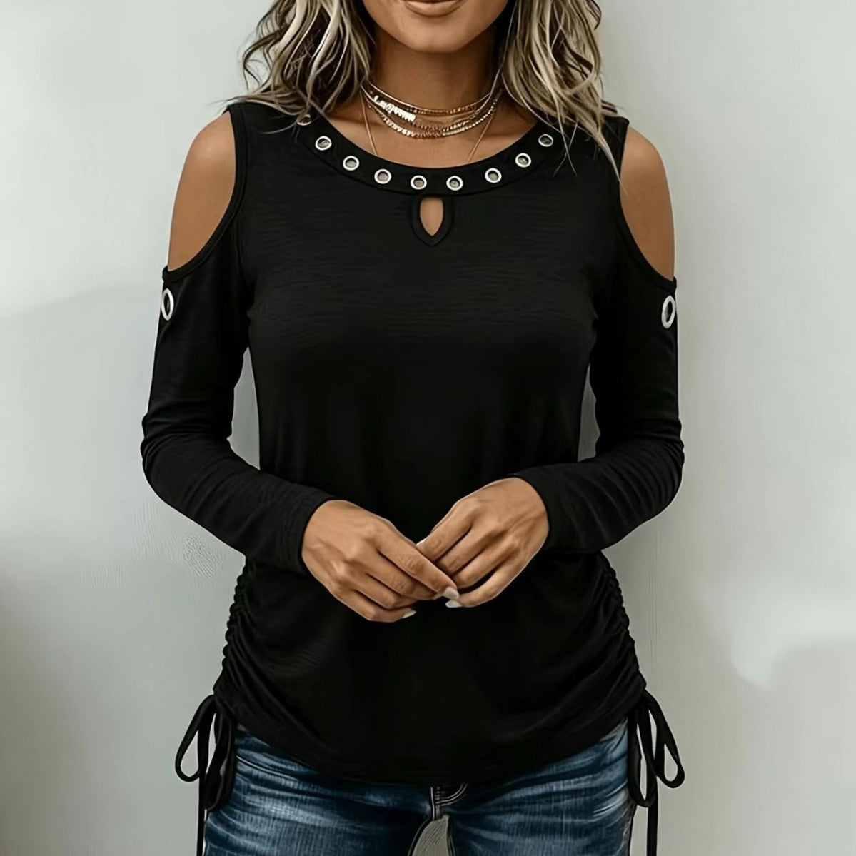 Women's Cold Shoulder Cutout Long Sleeve Side Tie Top