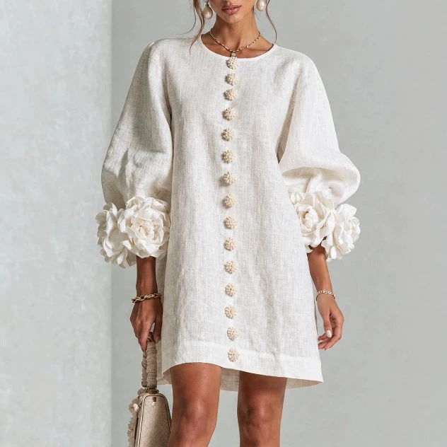 Elegant Floral Applique Balloon Sleeve A-Line Mini Dress