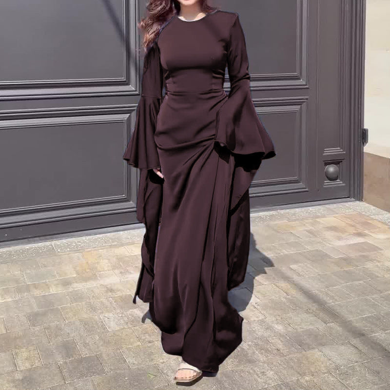 Women Satin Bell Sleeve Ruched Evening Maxi Dress