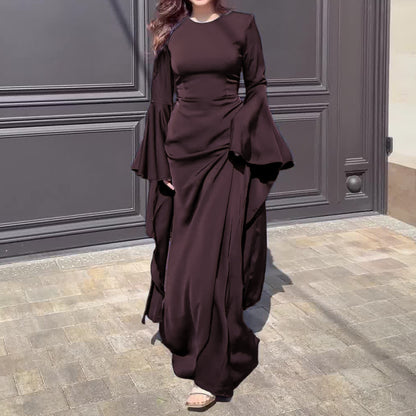 Women Satin Bell Sleeve Ruched Evening Maxi Dress