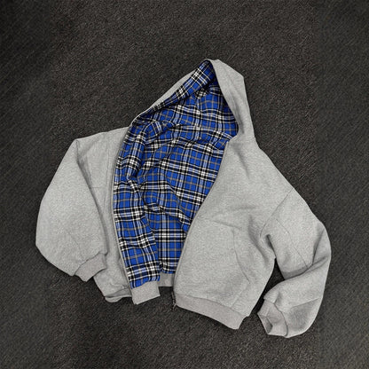 Reversible Plaid Zip Up Hoodie Jacket Oversized
