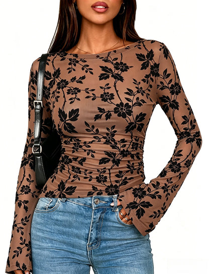 Flocked Floral Long Sleeve Slim Fit Crewneck Top for Women