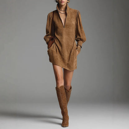 Suede Zip Front Mini Dress Long Sleeve Mock Neck