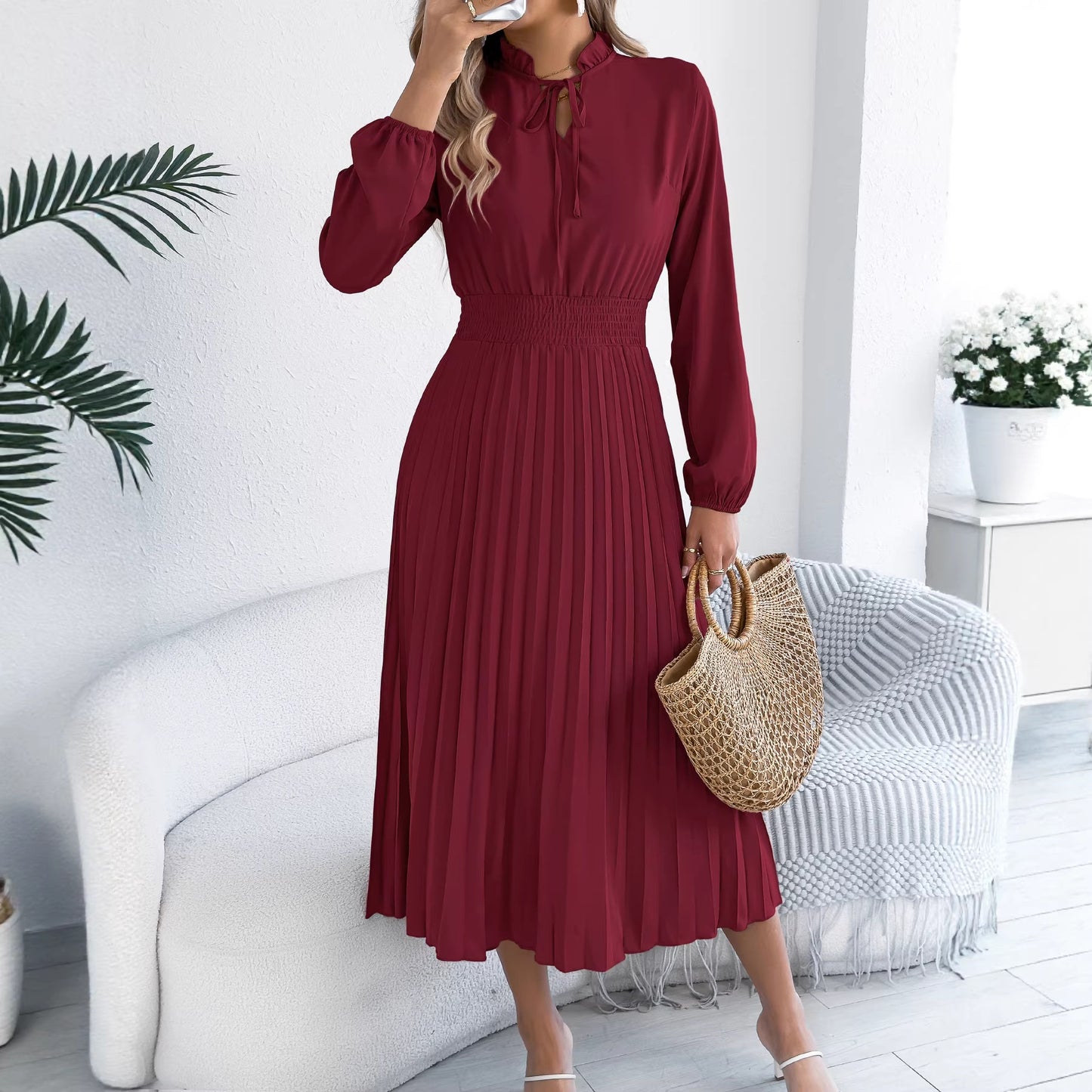 Pleated Chiffon Maxi Dress Elegant Tie Neck Long Sleeve