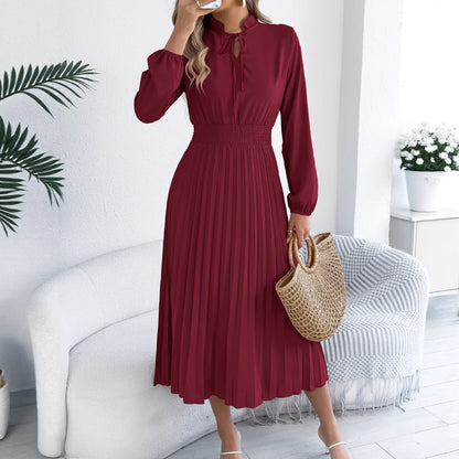 Pleated Chiffon Maxi Dress Elegant Tie Neck Long Sleeve