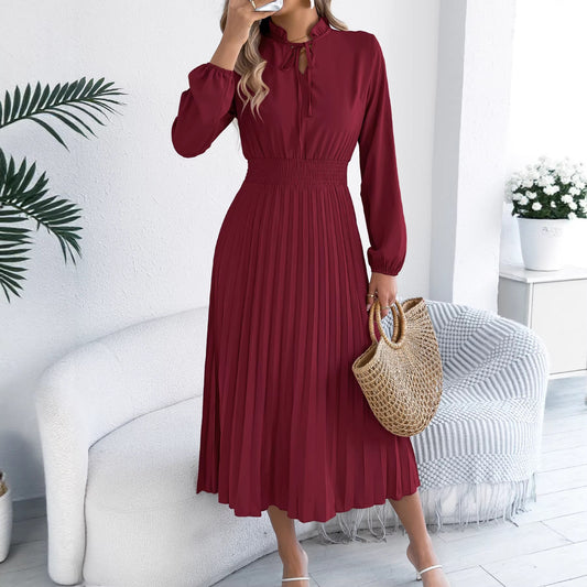 Pleated Chiffon Maxi Dress Elegant Tie Neck Long Sleeve