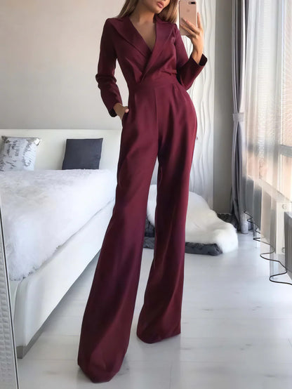 Women's Long Sleeve Blazer Jumpsuit Wide Leg Workwear