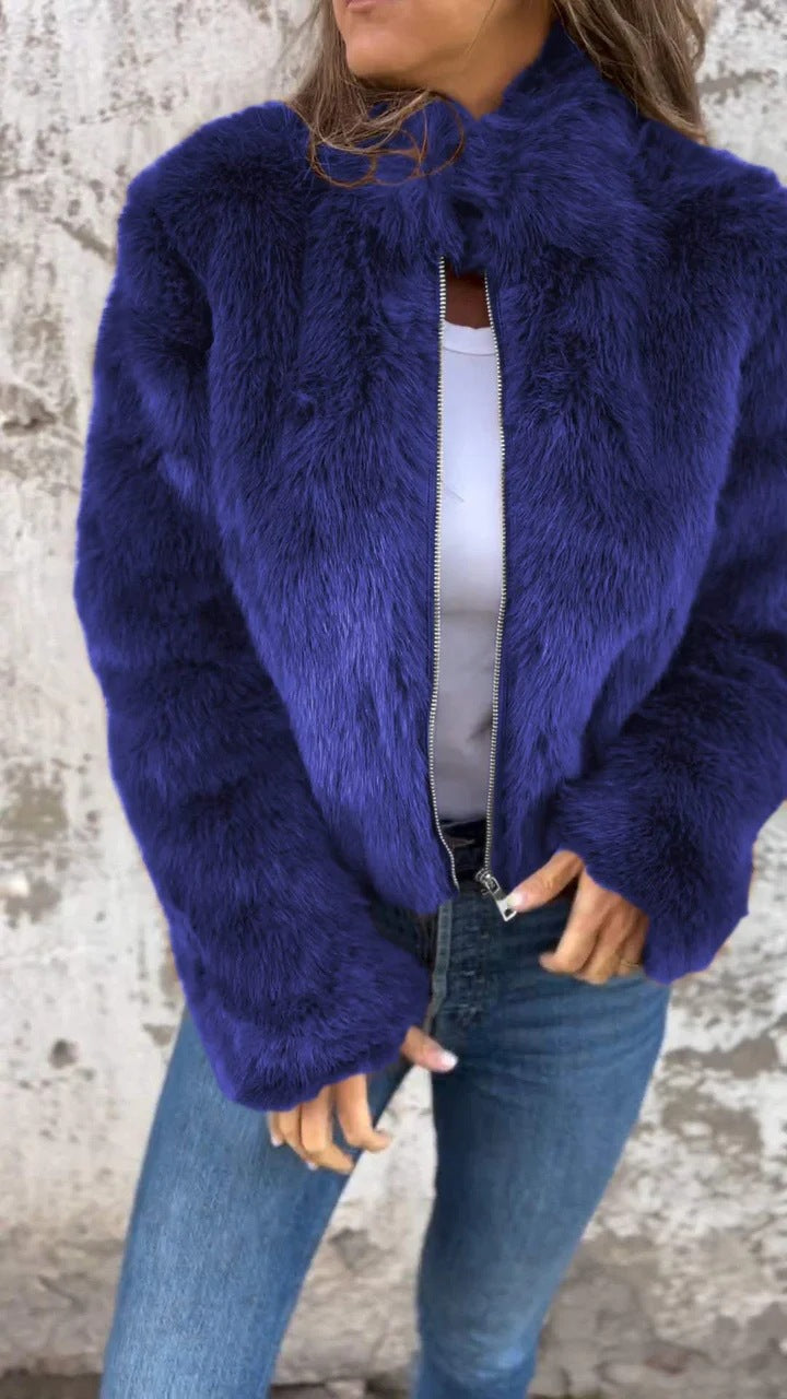 Women's Faux Fur Zip Jacket High Neck Cozy Outerwear